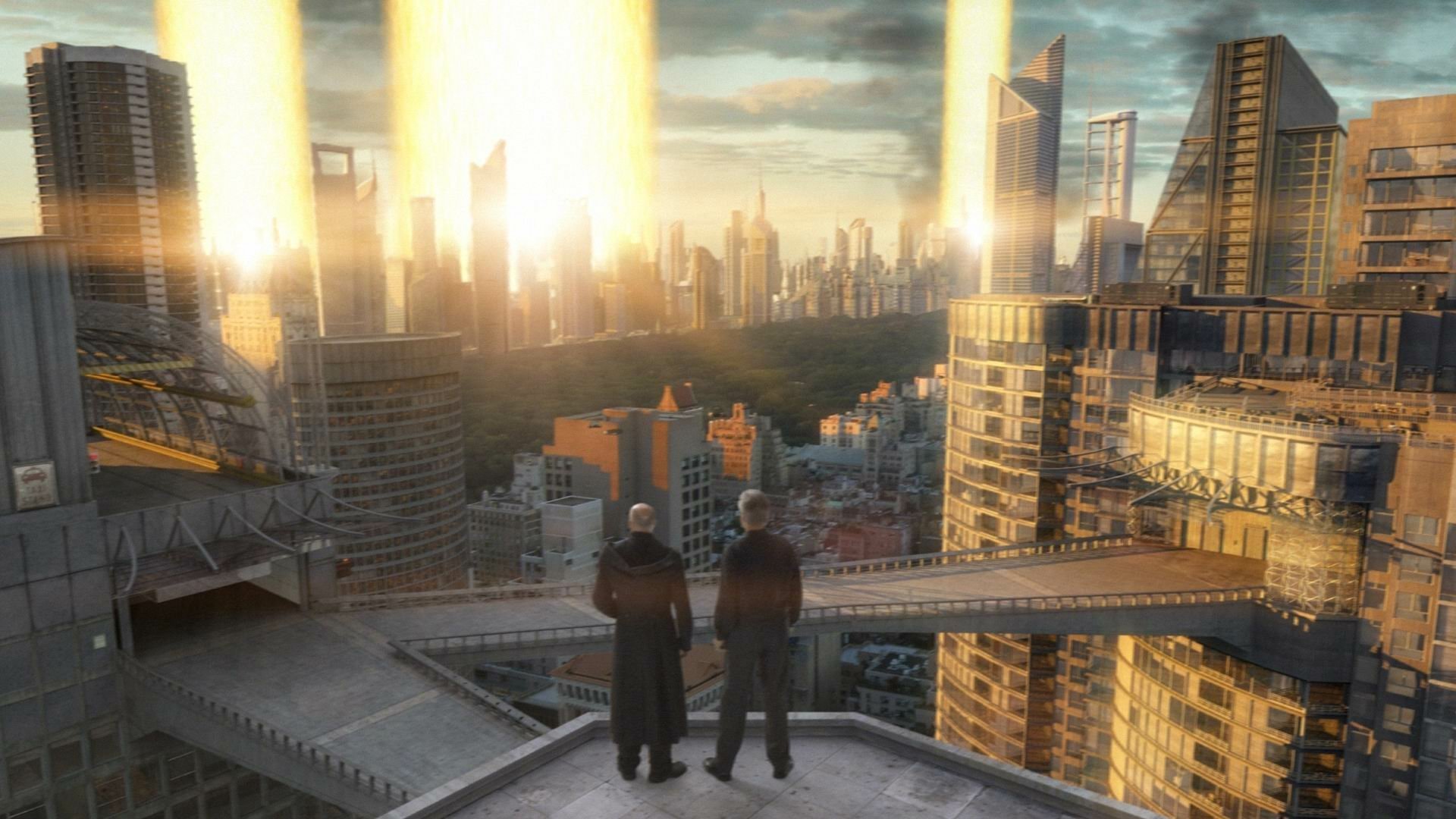 HD PC desktop wallpaper featuring a futuristic cityscape from the TV show Babylon 5: The Lost Tales, with two figures overlooking the sunlit skyline.