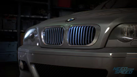 Close-up of a BMW grille from the video game Need For Speed (2015), featured as an HD PC desktop wallpaper and background.