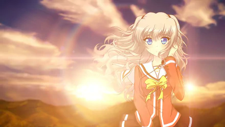 Anime character Nao Tomori from Charlotte, with long white hair, blue eyes, and a school uniform featuring a yellow bow, standing against a sunset backdrop, blushing slightly.
