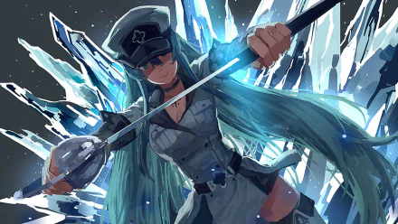 HD desktop wallpaper of Esdeath from the anime Akame Ga Kill! featuring her in an action pose with her sword, amidst a backdrop of icy shards.