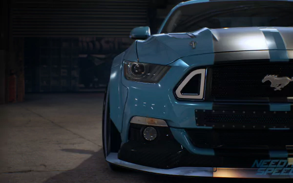 HD desktop wallpaper and background featuring a close-up of a blue Ford Mustang in a garage, styled from the video game Need For Speed (2015).