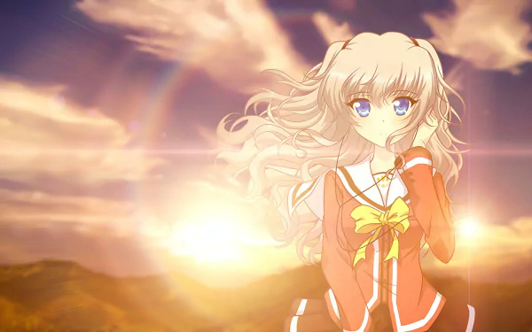 long hair school uniform blush bow (Clothing) sunset blue eyes white hair Charlotte (Anime) Nao Tomori Anime Charlotte HD Desktop Wallpaper | Background Image