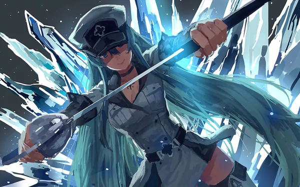HD desktop wallpaper of Esdeath from the anime Akame Ga Kill! featuring her in an action pose with her sword, amidst a backdrop of icy shards.