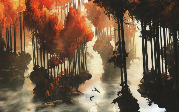 A breathtaking 4K Ultra HD wallpaper featuring a serene landscape from How to Train Your Dragon 2, showcasing vibrant autumn trees and a misty river, perfect for any desktop background.