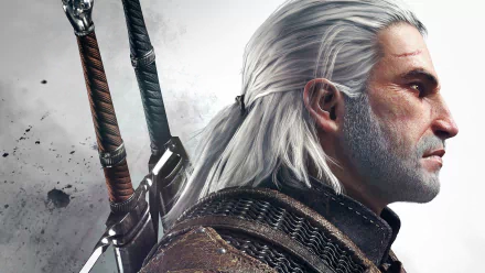 HD desktop wallpaper featuring Geralt of Rivia from The Witcher 3: Wild Hunt, showcasing his profile with silver hair and swords on his back.