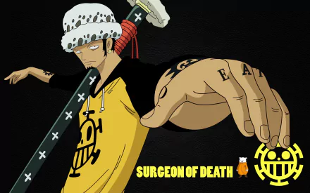 High-definition wallpaper featuring Trafalgar Law from the anime One Piece, showcasing his iconic yellow shirt and bold markings, along with his signature weapon and emblem.