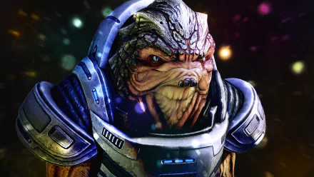 HD wallpaper featuring Grunt from Mass Effect, poised for intergalactic adventure against a starry backdrop.