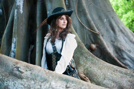 Penelope Cruz as Angelica Teach poses confidently amidst a lush backdrop of twisted trees in this striking HD wallpaper from Pirates of the Caribbean: On Stranger Tides.