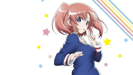 Kobeni Yonomori from the anime Engaged to the Unidentified poses with a playful expression against a white background with colorful stars and diagonal stripes.