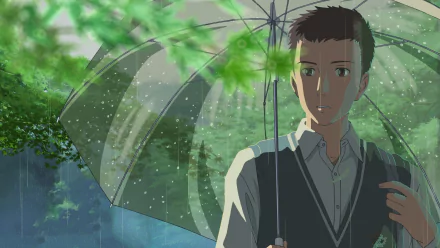 A serene scene from the anime The Garden of Words, featuring a young man holding an umbrella amidst rain and lush greenery, creating a calming HD desktop wallpaper.