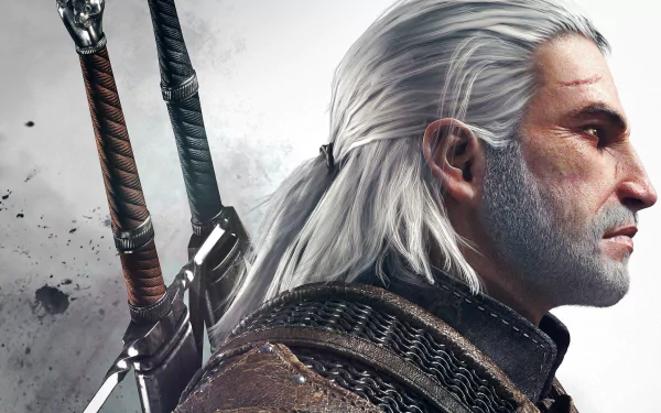 HD desktop wallpaper featuring Geralt of Rivia from The Witcher 3: Wild Hunt, showcasing his profile with silver hair and swords on his back.