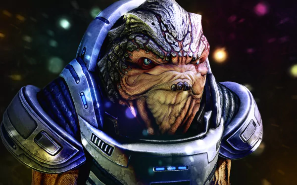 HD wallpaper featuring Grunt from Mass Effect, poised for intergalactic adventure against a starry backdrop.
