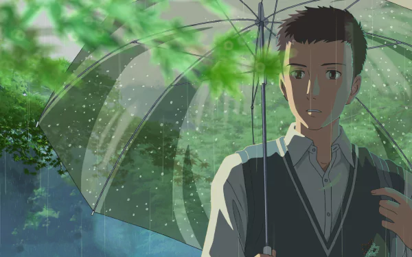 A serene scene from the anime The Garden of Words, featuring a young man holding an umbrella amidst rain and lush greenery, creating a calming HD desktop wallpaper.