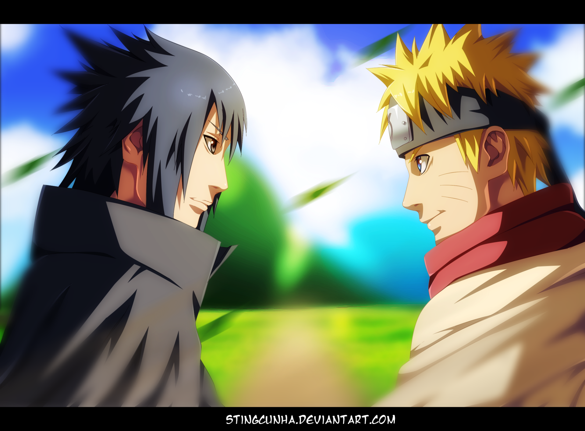 HD wallpaper featuring Sasuke Uchiha and Naruto Uzumaki from the anime series Naruto, set against a vibrant outdoor background with a clear blue sky and lush greenery.