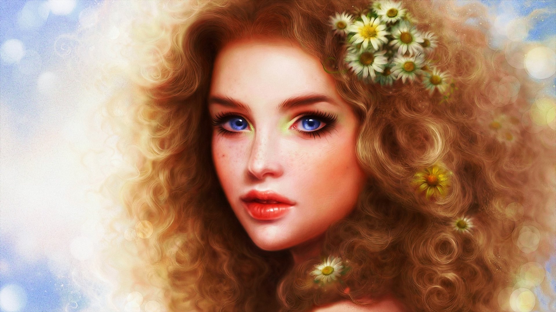 Artistic HD wallpaper featuring a woman with curly hair adorned with flowers, displaying vibrant blue eyes and soft facial features against a dreamy background.