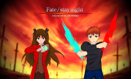 4K Ultra HD wallpaper featuring Rin Tohsaka and Shirou Emiya from the anime Fate/Stay Night: Unlimited Blade Works with a fiery red and orange background.