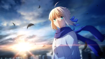 HD wallpaper of Saber from Fate/Stay Night: Unlimited Blade Works, with a sunset backdrop and fluttering leaves.