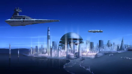 An HD desktop wallpaper featuring a sci-fi cityscape from *Star Wars Rebels*, showcasing a Star Destroyer above futuristic buildings against a starry sky.