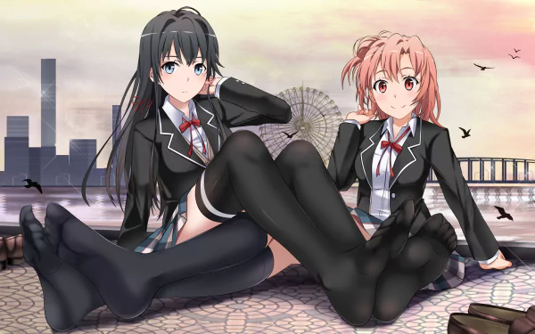 A vibrant HD wallpaper featuring Yui Yuigahama and Yukino Yukinoshita from the anime My Teen Romantic Comedy SNAFU, set against a picturesque urban backdrop.