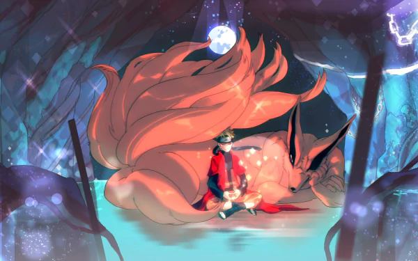 Anime wallpaper featuring Kurama and Naruto Uzumaki from Naruto, with a glowing moon in the background. High-definition desktop background.