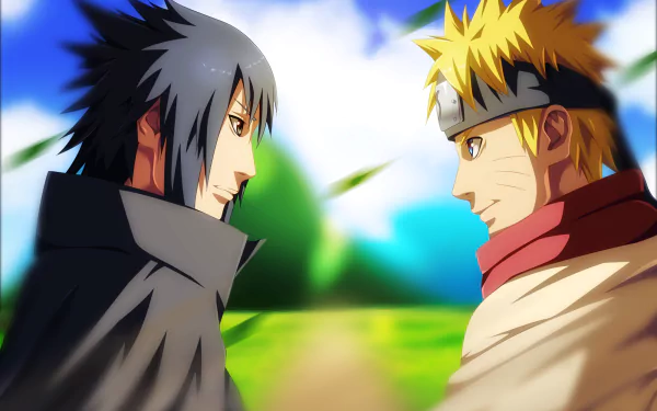 HD wallpaper featuring Sasuke Uchiha and Naruto Uzumaki from the anime series Naruto, set against a vibrant outdoor background with a clear blue sky and lush greenery.