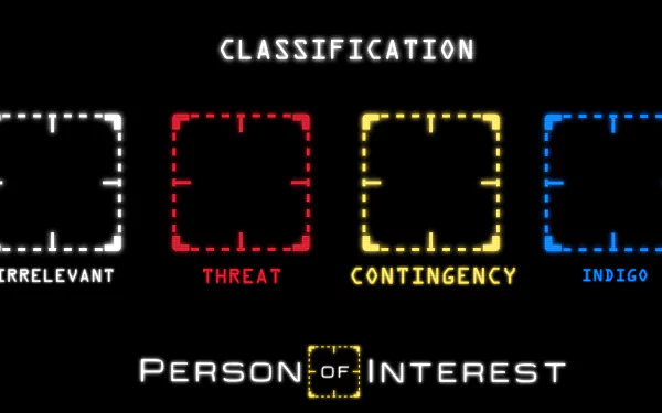 HD PC desktop wallpaper featuring classification categories from the TV show Person of Interest: Irrelevant, Threat, Contingency, and Indigo.