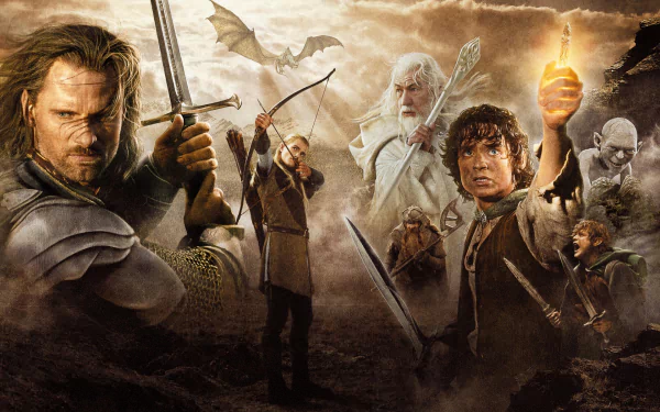 HD PC desktop wallpaper featuring characters from the movie The Lord of the Rings: The Fellowship of the Ring in a dramatic, battle-ready scene.