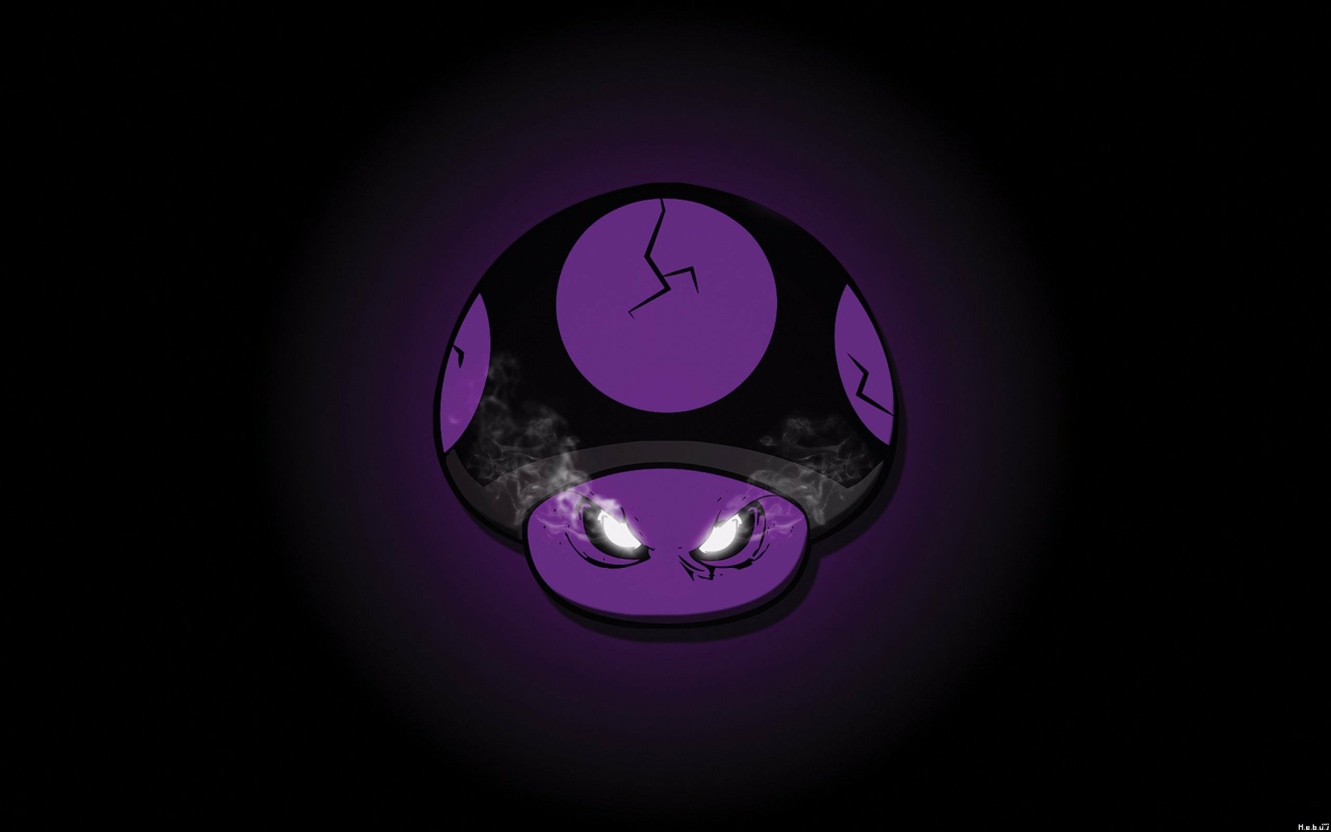 HD PC desktop wallpaper featuring a cracked purple Mario mushroom with glowing eyes, set against a dark background, inspired by the Mario video game series.