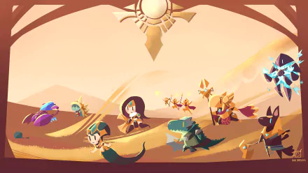 HD desktop wallpaper featuring cute chibi versions of League of Legends characters from Shurima: Skarner, Xerath, Rammus, Azir, Sivir, Cassiopeia, Renekton, and Nasus in a desert landscape.