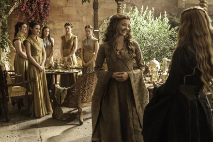 Margaery Tyrell, portrayed by Natalie Dormer, smiles as she interacts with other women in a lavish setting from the TV show Game of Thrones. HD wallpaper capturing a captivating moment.