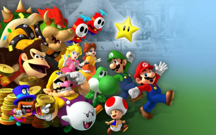 Colorful HD wallpaper featuring iconic characters from Mario Party 8, including Mario, Luigi, and Princess Peach, set against a vibrant background.