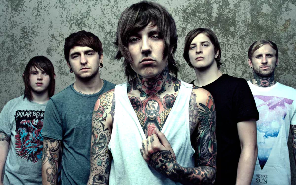 A high-definition wallpaper featuring Bring Me The Horizon, showcasing the band members standing together against a textured background, embodying their unique style and energy.