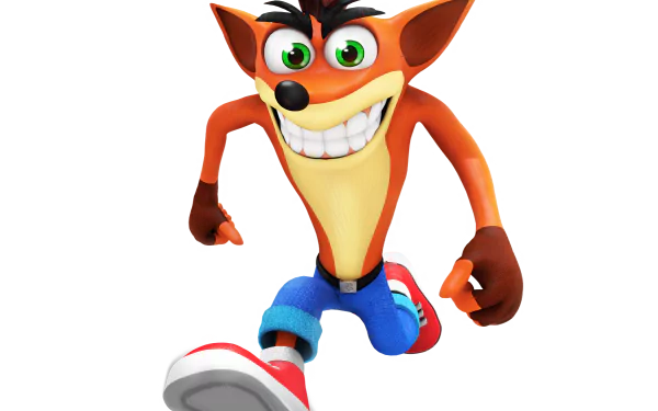 HD wallpaper featuring Crash Bandicoot, the iconic video game character, running with a cheerful grin, showcasing a vibrant and dynamic design from the beloved franchise.