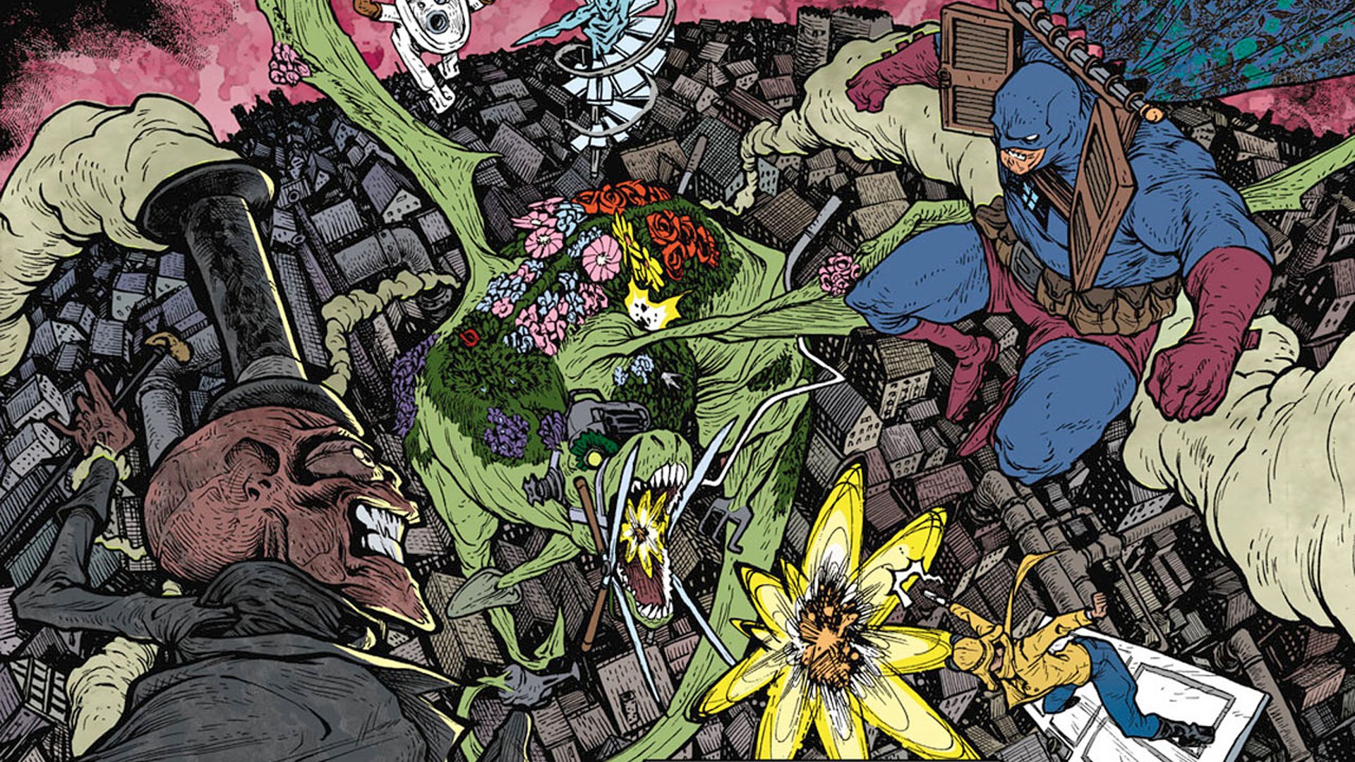 Comic Dial H HD PC desktop wallpaper: chaotic cityscape battle with a snarling green, flower-covered monster, masked costumed heroes and villains in vivid, gritty comic art.