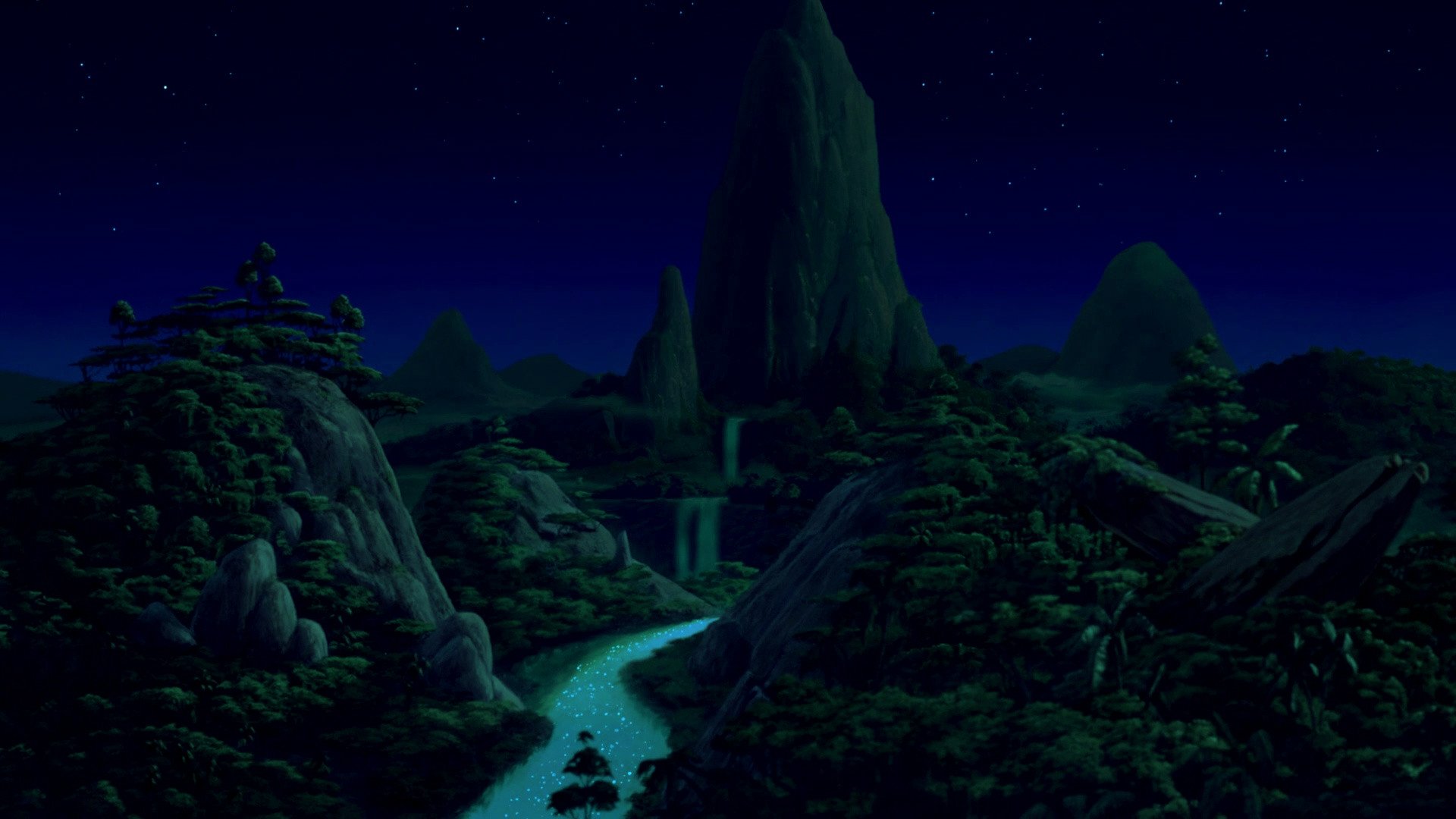 HD PC desktop wallpaper featuring a night scene from the movie The Lion King (1994) with starry sky and rocky landscapes under moonlight.