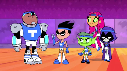HD wallpaper featuring characters from the TV show Teen Titans Go!. Depicted are Cyborg, Robin, Beast Boy, Starfire, and Raven in sporty outfits.