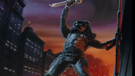 HD PC desktop wallpaper/background for the video game Predator 2: armored Predator on a city rooftop at dusk, blade raised against a red-orange skyline and glowing skyscrapers.