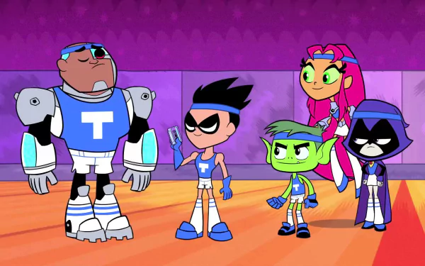 HD wallpaper featuring characters from the TV show Teen Titans Go!. Depicted are Cyborg, Robin, Beast Boy, Starfire, and Raven in sporty outfits.