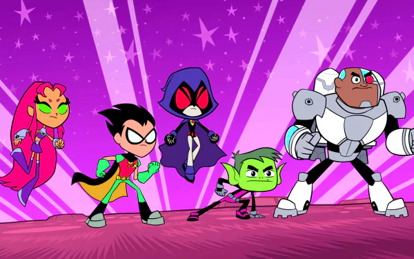 The image shows HD wallpaper featuring characters from the TV show Teen Titans Go!: Starfire, Robin, Raven, Beast Boy, and Cyborg, standing ready for action with a vibrant starry purple background.