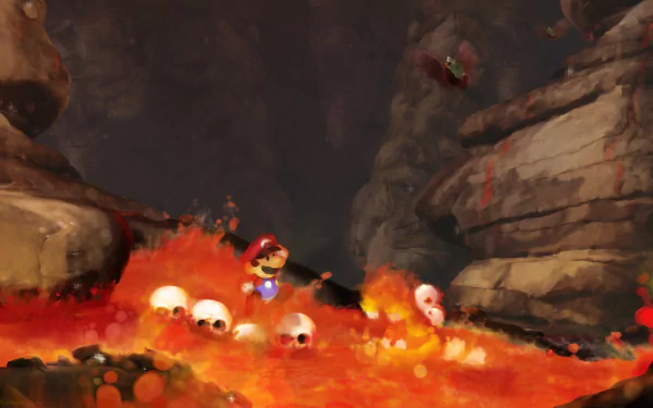 4K Ultra HD desktop wallpaper featuring Mario from Paper Mario and Super Mario World navigating a fiery, lava-filled cavern, inspired by the Super Mario Bros. series.