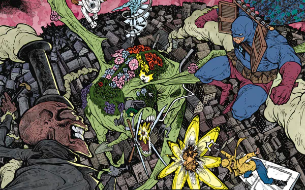 Comic Dial H HD PC desktop wallpaper: chaotic cityscape battle with a snarling green, flower-covered monster, masked costumed heroes and villains in vivid, gritty comic art.
