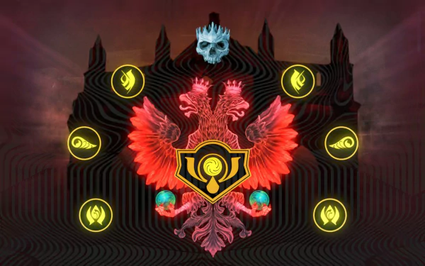 HD PC desktop wallpaper showing a Mastodon-themed crimson double-headed crest with neon music icons and glowing symbols on a dark ornate background.