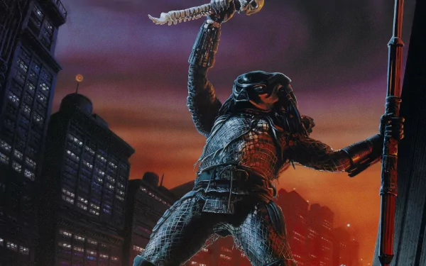 HD PC desktop wallpaper/background for the video game Predator 2: armored Predator on a city rooftop at dusk, blade raised against a red-orange skyline and glowing skyscrapers.