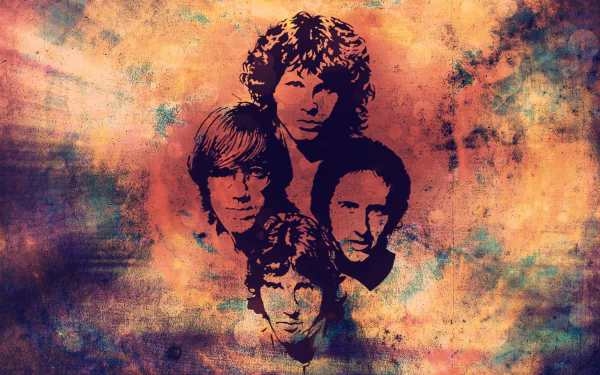 HD wallpaper featuring the iconic band The Doors, showcasing artistic representations of the four members against a colorful, abstract background.