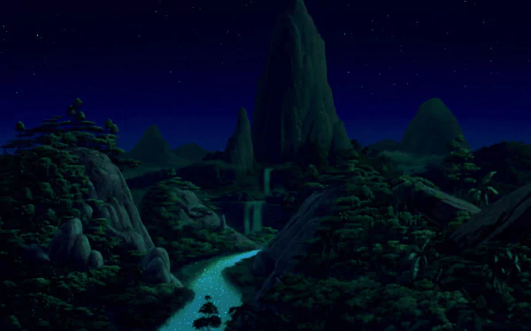 HD PC desktop wallpaper featuring a night scene from the movie The Lion King (1994) with starry sky and rocky landscapes under moonlight.
