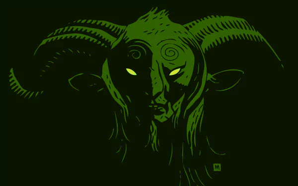 HD PC desktop wallpaper featuring a dark, stylized green illustration of the horned creature from the movie Pan's Labyrinth.