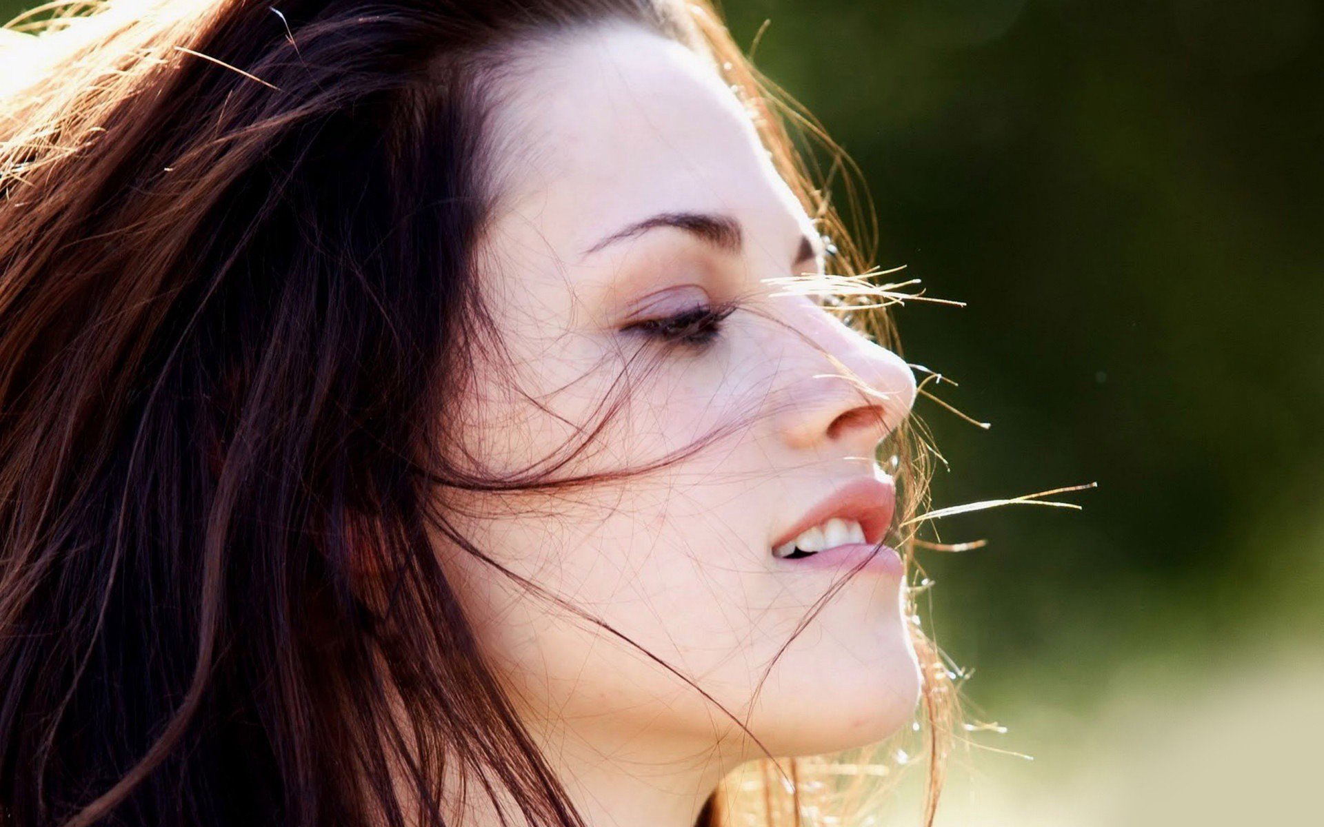 A captivating HD wallpaper featuring celebrity Kristen Stewart, showcasing her profile with wind-swept hair against a natural backdrop.