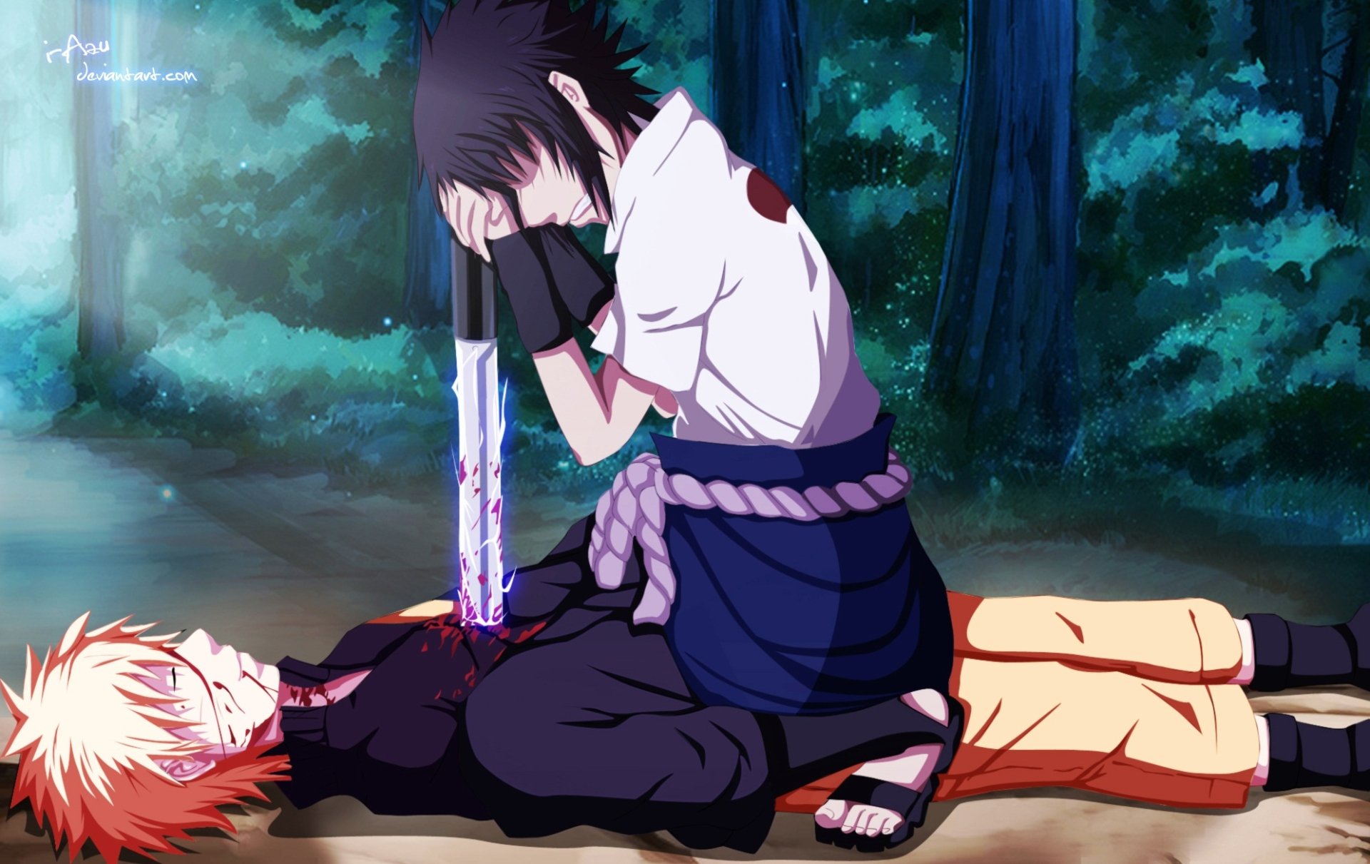 A dramatic HD desktop wallpaper featuring Sasuke Uchiha holding a sword over a fallen Naruto Uzumaki, set in a forest at night. Tags: Sasuke Uchiha, Naruto Uzumaki, Anime, Naruto.