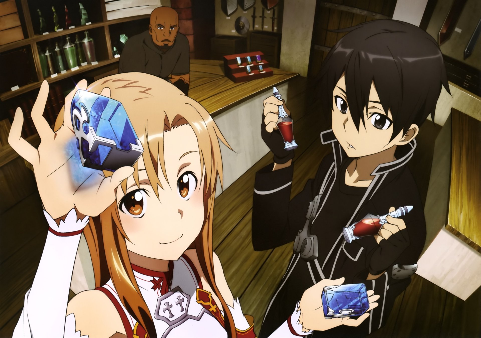 Asuna Yuuki and Kirito from Sword Art Online hold glowing items in a vibrant scene set in a shop, showcasing the anime's captivating artwork in this HD wallpaper.