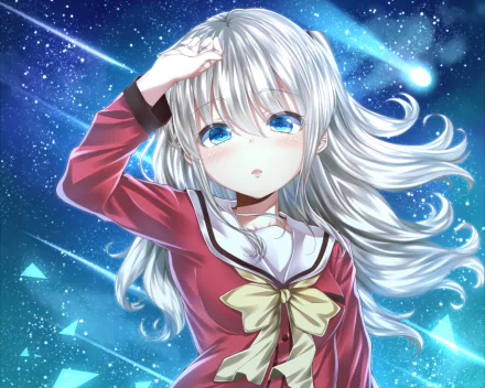 An anime character with long white hair and blue eyes, wearing a school uniform with a bow, blushes while gazing at shooting stars in the night sky. The scene is from Charlotte featuring Nao Tomori.